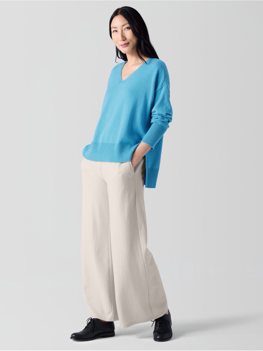 Eileen Fisher Cotton Recycled Cashmere V-Neck Sweater Blue Turquoise Size S